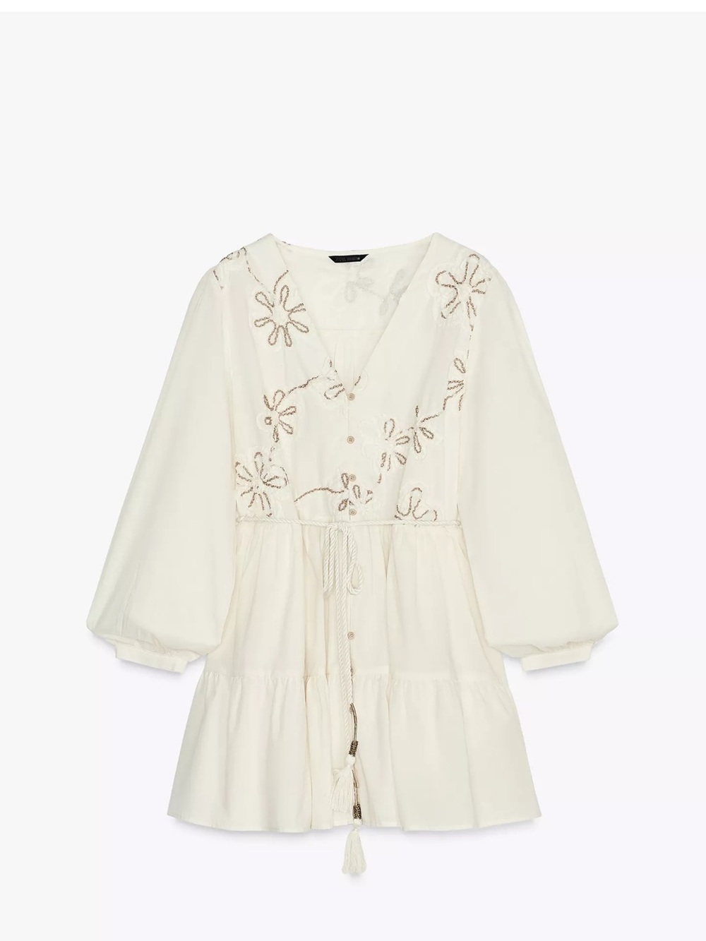 Zara Embroidered V-Neck Tiered Dress in Cream